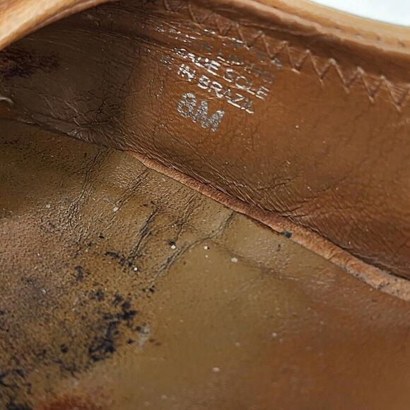 TORY BURCH British Tan Leather Gold Logo Peep Toe US 8 M Slip-on Wedge Heel Pump - Picture 12 of 12